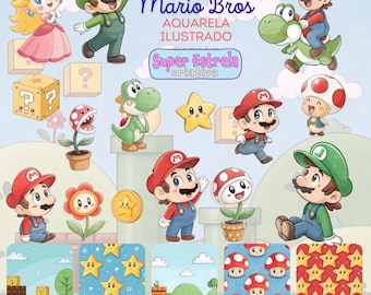 Kit digital de acuarela de Mario Bros.