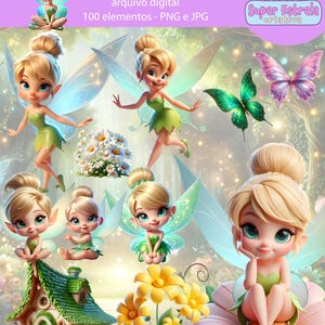 Puede incluir: Ilustración digital de Campanilla en varias poses, con vestidos y alas verdes. La imagen incluye mariposas, flores y una casa de hadas. El texto incluye "TINKER BELL" y "Super Estrela criativa".