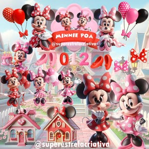 May include: A vibrant digital illustration featuring Minnie Mouse in various poses, dressed in red and pink polka-dot outfits. The image includes balloons, bows, shoes, houses, and the numbers 0, 1, and 2, all set against a whimsical backdrop.