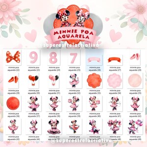 Puede incluir: Una colecci&oacute;n de ilustraciones en acuarela con Minnie Mouse, incluyendo lazos, n&uacute;meros, globos y figuras de Minnie Mouse en varias poses. El texto "MINNIE POA AQUARELA" se muestra en la parte superior, con texto adicional debajo de cada imagen.