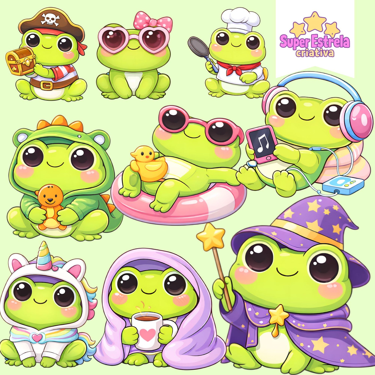 Kawaii Frog Digital Kit, Cute Frog Clipart, Frog Princess PNG, Green