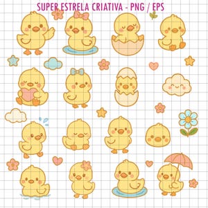 Pode incluir: Ilustrações de pintinhos amarelos de desenho animado em várias poses, alguns com acessórios como laços e guarda-chuvas. A imagem inclui flores, estrelas e nuvens em um fundo quadriculado. O texto na parte superior diz "SUPER ESTRELA CRIATIVA - PNG / EPS."