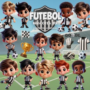 Puede incluir: Una colección de jugadores de fútbol de dibujos animados con uniformes en blanco y negro, balones de fútbol, un trofeo y equipamiento de fútbol. Incluye el texto "FUTEBOL MASCOTES 3D @SUPERESTRELASCRATIVAS".