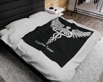 Medical Caduceus Design Velveteen Plush Blanket, Personalized Name and Credentials, Doctor Nurse Gift, Custom Throw Blanket, Cozy Home