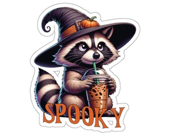 Boho Spooky Raccoon Halloween Sticker, Cute Iced Coffee Animal Clear Water Bottle Decoration Witch Raccoon Lover Laptop Notebook Funny Gift