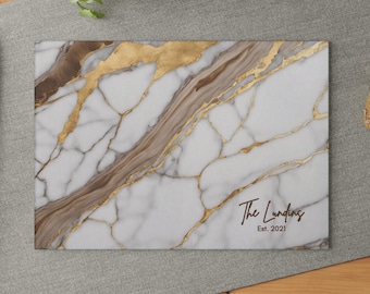 Personalized Glass Cutting & Serving Board- White Gold and Wood design Charcuterie Board Housewarming Wedding Gift Kitchen Decor Marble Tray