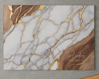 Tabla de cortar y servir de vidrio personalizada única: diseño de oro blanco y madera, charcutería, regalo de inauguración de la casa, decoración de cocina, bandeja de mármol
