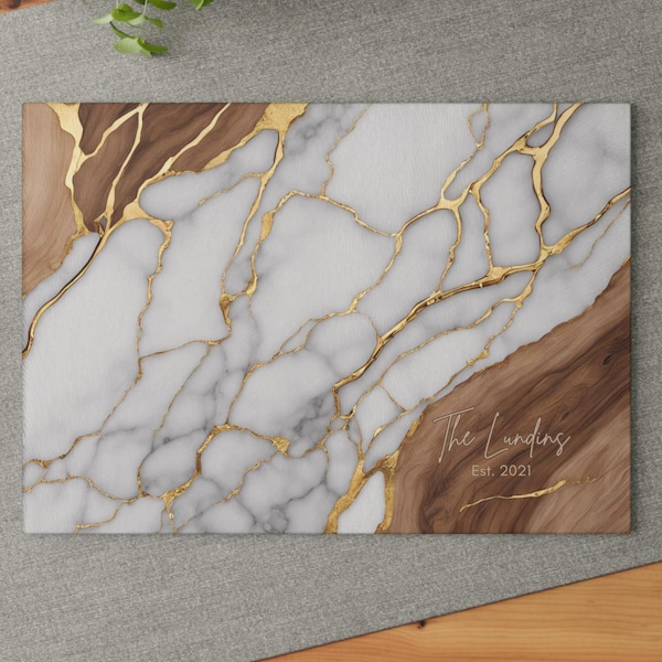 Unique Personalized Glass Cutting & Serving Board-White Gold and Wood design Charcuterie Housewarming Wedding Gift Kitchen Decor Marble Tray