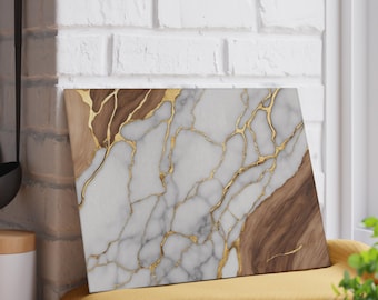 Marble Wood and Gold Design Glass Cutting & Serving Board, Charcuterie Board Housewarming Wedding Gift Kitchen Decor Marble Tray, Deluxe