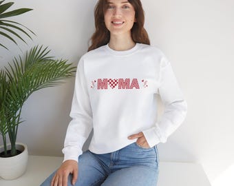 Mama Checkerboard Heart Sweatshirt For Valentine's Day, Unisex Crewneck Jumper, Gift for Mom, Valentine's Day Sweater, Heart Pattern