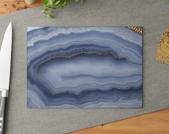 Blue Lace Agate Design Glass Cutting Board, Kitchen Decor, Housewarming Gift Serving Tray Food Prep Wedding Gift Luxury Gemstone Charcuterie