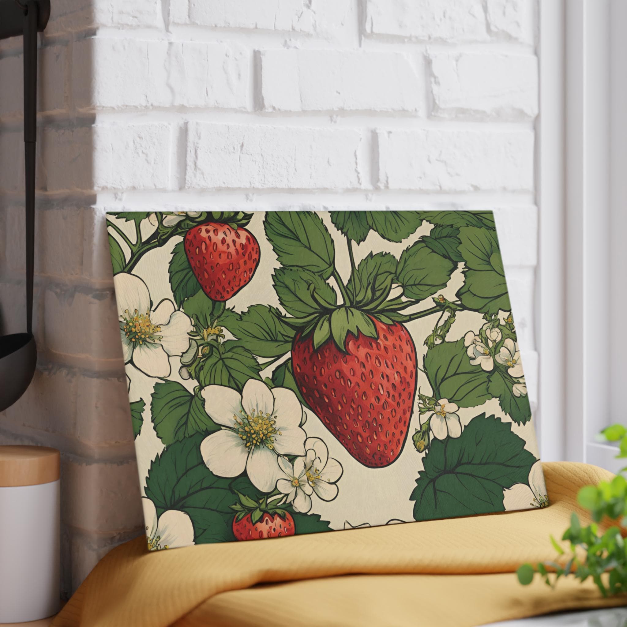 Strawberry Blossom Glass Cutting Board, Kitchen Decor Housewarming Gift Serving Tray Deluxe Garden Wedding Gift Charcuterie