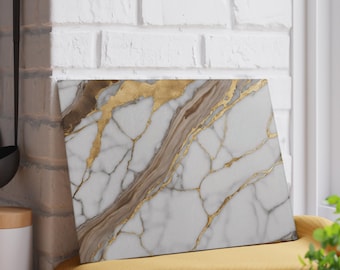 Marble Wood and Gold Design Glass Cutting & Serving Board, Charcuterie Board Housewarming Wedding Gift Kitchen Decor Marble Tray, Deluxe Lux
