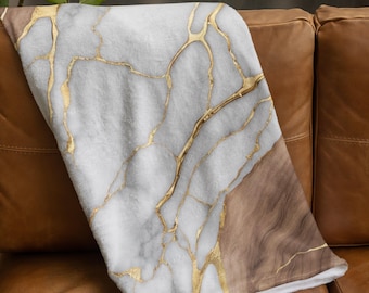 Velveteen Plush Blanket, Faux Marble Gold Wood Inlay, Luxury Throw, Home Decor, Cozy Bedding, Gift for Her
