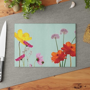 Wild Flowers Glass Cutting Board - Tempered Glass Kitchen Decor, Floral Design Cheese Board, Botanical Serving Tray, Nature Lover Gift,