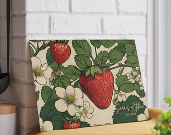 Personalized Strawberry Garden Design Glass Cutting Board - Housewarming Wedding Gift, Kitchen Decor, Custom Chopping Board Present