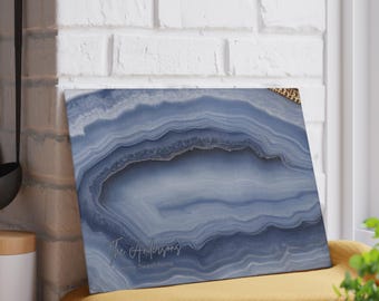 Personalized Blue Lace Agate Design Glass Cutting Board, Kitchen Decor Housewarming Gift Serving Tray Deluxe Custom Wedding Gift Charcuterie