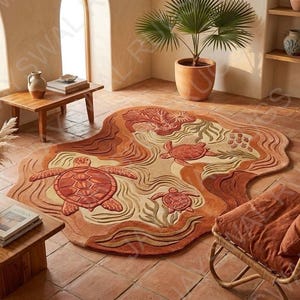 Sea Turtle Area Rug - Coastal Tufted Wool Rug, Ocean Coral Wave Mat, Terracotta Nautical Nursery Decor, Irregular Shaped Beach House Rug