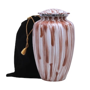 Urnas de cremación con diseño ingenioso de rayas blancas y marrones / Urna de metal artesanal para cenizas humanas, urna de cremación para adultos con bolsa de terciopelo