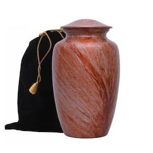 Urna para cenizas con acabado de piedra marrón: pieza conmemorativa clásica. Elegantes urnas de cremación para entierro con bolsa de terciopelo. Urnas funerarias artesanales.
