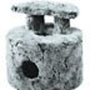 May include: A gray concrete aquarium ornament shaped like a small tower with a flat roof and a hole in the side. The tower has a small opening on the top.