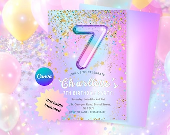 Glitter Rainbow 7th Birthday Invitation | Editable Party Invite (Digital Download)