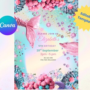 Pink Aqua Glitter Sparkly Ocean | Editable Mermaid Party | Canva Template for Invitations & Signs | Digital Download