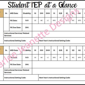 May include: A black and white document titled "Student IEP at a Glance." The document has a table format with sections for student information, dates, disabilities, and instructional services. The text is in black font.