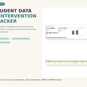 May include: A digital student data and intervention tracker spreadsheet featuring a classroom data dashboard with bar charts, five organized tabs, and an editable Excel file format for tracking assessments, interventions, and progress monitoring.