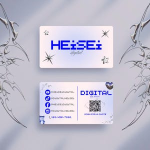 Y2k Retro Visitenkarte Moderne Kpop Stilvolle Nagel Schönheitssalon Blau Metallic Cyber Mädchen Business Namecard Bearbeitbare Canva Vorlage