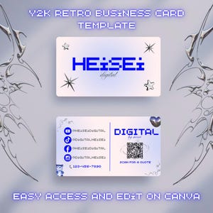 Y2k Retro Visitenkarte Moderne Kpop Stilvolle Nagel Schönheitssalon Blau Metallic Cyber Mädchen Business Namecard Bearbeitbare Canva Vorlage