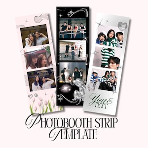 Puede incluir: Plantilla de tira de fotomatón con tres diseños diferentes. Una tira es de color rosa claro con fotos de dos mujeres. La segunda tira es negra con fotos de personas. La tercera tira es blanca con fotos de personas.