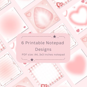 Könnte beinhalten: Sechs druckbare Notizblock-Designs in Rosa mit Herz- und Erdbeermotiven und dekorativen Rändern. Der Text auf dem Bild lautet "6 Printable Notepad Designs" und "PDF size: A4, 7.6x7.6 cm Notizblock."