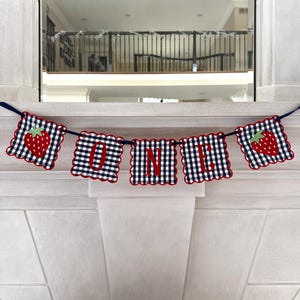 Berry First Birthday Banner • Navy Gingham Strawberry Name Banner • 1st Birthday Decor • Custom Applique Banner • Fruit Theme Party Garland