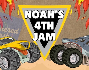 Banner de cumpleaños con temática de monster trucks - Plantilla editable de Canva (descarga digital)