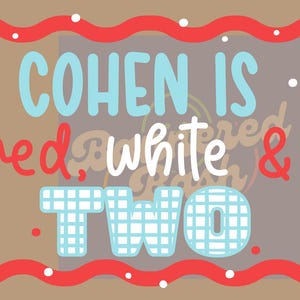May include: A banner with a brown background, red and white accents, and the text "Cohen is red, white & TWO." Fireworks and stars are also featured in the design, with the words "Banner Bash" in the background.