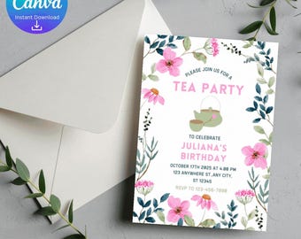 Invito di compleanno per festa del tè floreale: modello Canva modificabile (download digitale)