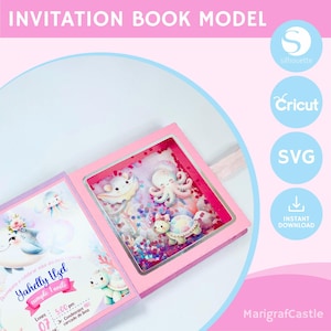 Pode incluir: Modelo de livro de convite rosa com enfeites de criaturas marinhas, incluindo um polvo, uma tartaruga e uma criatura marinha. O texto "INVITATION BOOK MODEL" está no topo. O convite está aberto, revelando um design colorido com o texto "Yahelly Uzel cumple 1 anito".