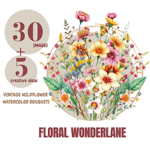 Aquarell Wildblumen Blumenstrauß Clipart - druckbares Vintage Blumenset für Dankeskarten, Blumen Clipart, Clipart-Set, Blumenstrauß Clipart
