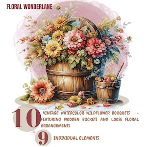 Bouquet de fleurs sauvages et seau en bois PNGs-ensemble de cliparts floraux aquarelle vintage, travaux manuels, cartes de voeux, décoration d'intérieur, clipart floral