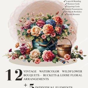 12 Vintage Watercolor Wildflower Bouquets – Rustic Buckets & Loose Floral Arrangements + 5 Bonus Floral Elements | High-Res PNG Clipart