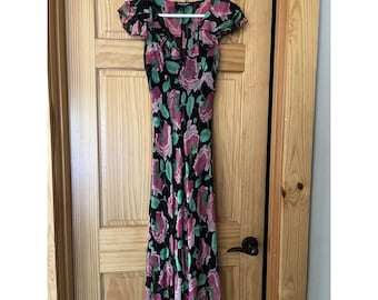 Betsey Johnson Floral Maxi Dress Womens PXS Pink Chiffon Ruffle Y2K Fit Flare