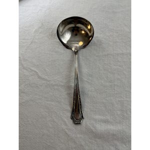 May include: A silver-colored ladle with a round bowl and a long, decorative handle. The handle features an ornate design and tapers to a decorative end. The ladle is likely made of stainless steel or a similar metal.
