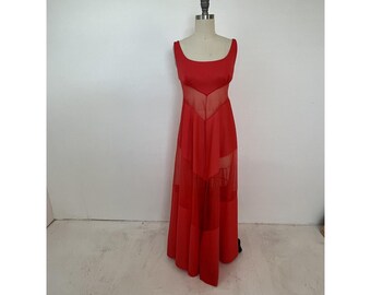 Vintage Montenero 70s Lingerie Dress Med Red Nylon Chiffon Cutout Sheer Maxi
