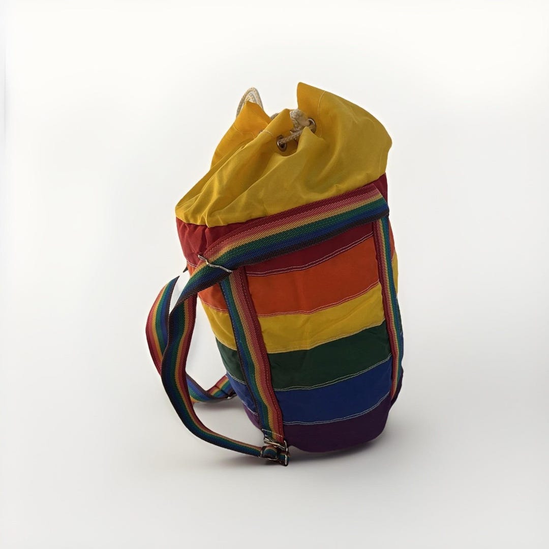 Vintage Rainbow Striped Drawstring Backpack 70s 80s Duffel Multicolor ...