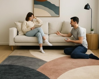 Modern Abstract Geometric Area Rug | Hand-Tufted Wool Neutral Living Room Decor