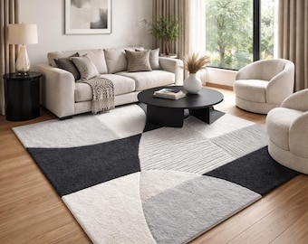 Alfombra geométrica moderna, alfombra abstracta de lana tejida a mano, alfombra contemporánea en blanco, negro y gris, alfombra minimalista escandinava para sala de estar.