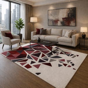 May include: A modern living room featuring a cream-colored sofa, armchair, and a geometric patterned rug. The rug has a white background with red, burgundy, and gray triangular shapes. A black coffee table and abstract artwork complete the space.