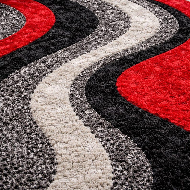 Modern Abstract Red Black Gray Area Rug, Soft Shaggy Living Room Carpet ...