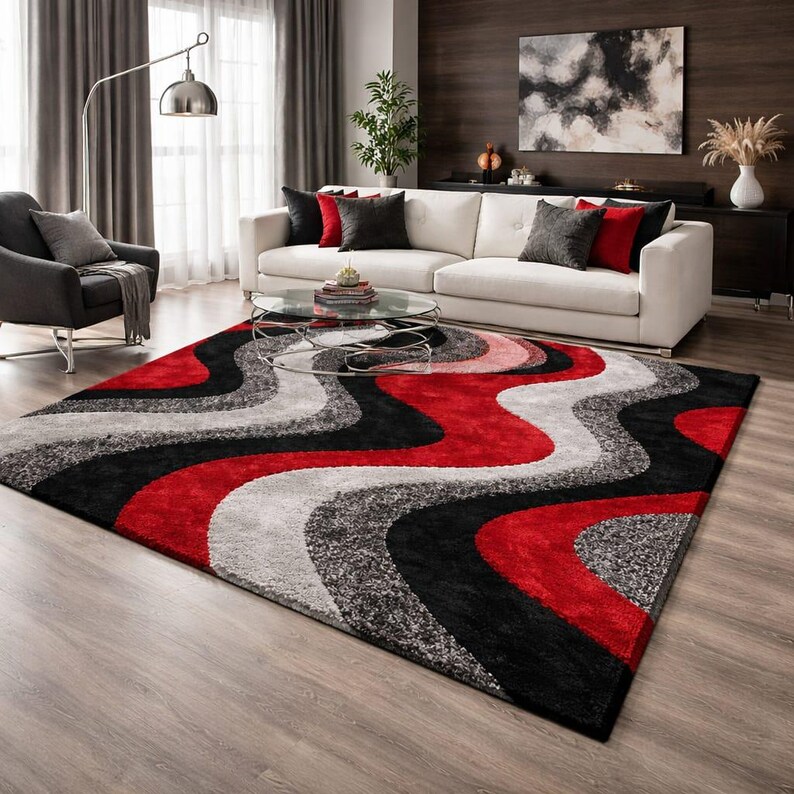 Red Wavy Rug Modern Abstract Red Black Gray Area Rug, Soft Shaggy Living Room Carpet ...